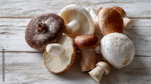 Mushrooms on Rustic Wood: A collection of fresh, earthy mushrooms artfully arranged on a weathered wooden surface, showcasing their diverse shapes and textures.