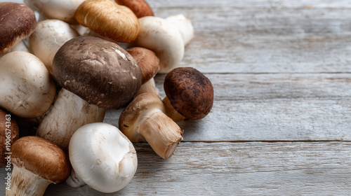 Mushrooms on the Wooden Canvas: A captivating assortment of fresh mushrooms graces a rustic wooden surface, showcasing the natural textures and earthy tones of these culinary treasures.