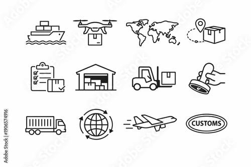 Minimalist line art logistics and delivery icons set for shipping mobile app interface