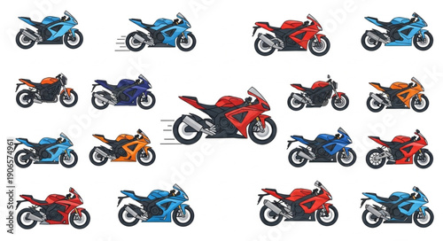 Collection of Sport Motorcycles in Various Colors and Angles.