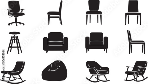 A collection of various chair silhouettes arranged on a white background