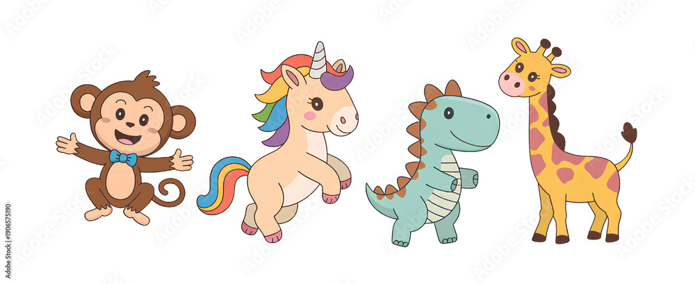 Obraz premium Cute cartoon animals unicorn dinosaur giraffe monkey collection on transparent background