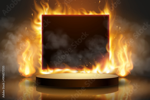 Abstract fire frame with smoke and podium.