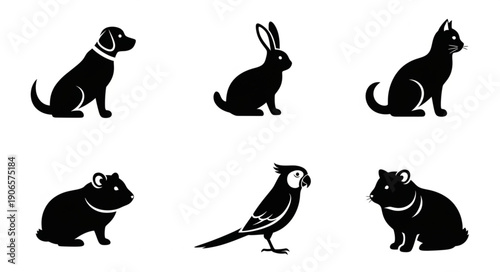 Collection of six different domestic animal silhouettes on white background.