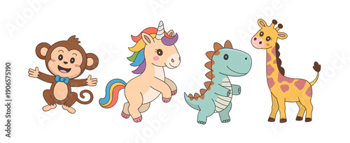 Cute cartoon animals unicorn dinosaur giraffe monkey collection on transparent background