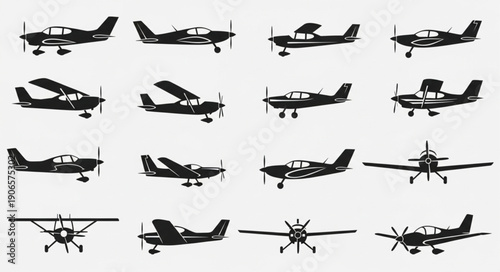 Collection of Small Aircraft Silhouettes on White Background.