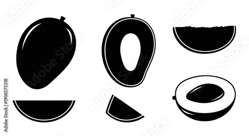 Mango Slice Icons: Whole Fruit, Half, and Pieces in Silhouette