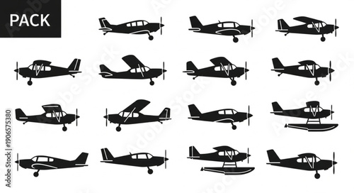 Collection of small airplane silhouettes for aviation design.