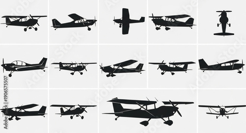 Collection of small airplane silhouettes in various poses.