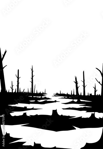 Deforestation and dead forest silhouette background with cut tree stumps and broken trunks
