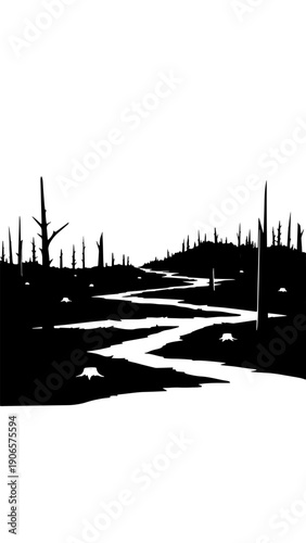 Deforestation and dead forest silhouette background with cut tree stumps and broken trunks