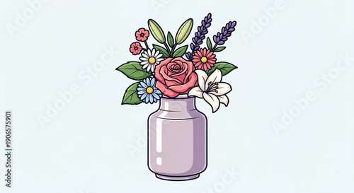 Colorful bouquet of flowers in a lilac vase on light blue background with pink rose lavender lily and daisies