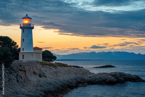 Wallpaper Mural Lighthouse on rocky shore during sunset with mountains in the background Torontodigital.ca