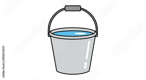 Gray bucket filled with blue liquid handle up on white background simple illustration