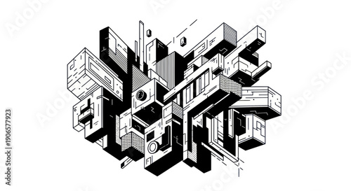 Abstract Geometric Structure, Isometric Cubes, Architectural Design, Black and White Line Art