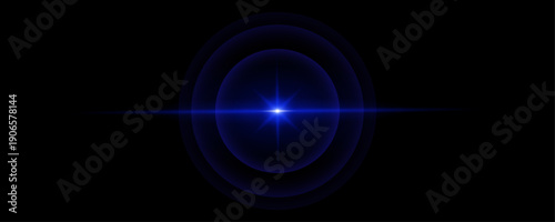 Blue star lens flare with horizontal streak on black background.
