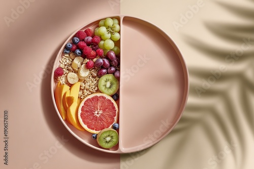 Top view of a pink divided plate with one half filled with various fresh fruits and muesli and the other half empty representing portion control and balanced nutrition