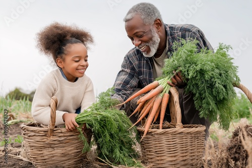 Happy african american grandfather and granddaughter harvesting fresh organic carrots in a rural field representing family farming and healthy food