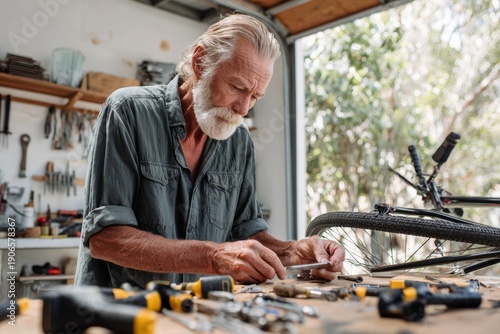 Senior man with a gray beard repairing a bicycle in a sunlit garage workshop representing active retirement and mechanical hobbies