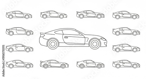 Collection of Sports Car Line Drawings in Various Poses.