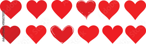 Heart icon set with different shapes.Set red shape heart icon, vector set heart shape, lovers on Valentines day.Heart doodles set. Hand drawn hearts collection. Romance and love illustrations