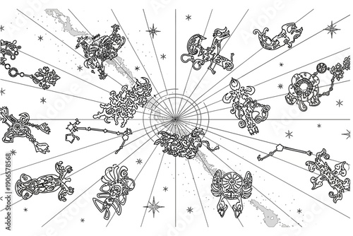 An ancient star map with constellations and celestial bodies illustrated