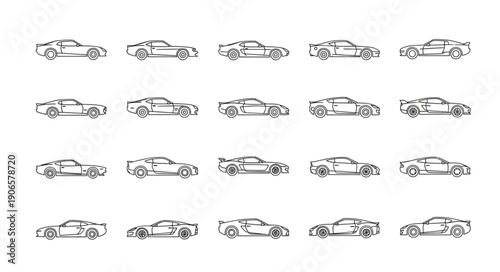 Collection of sports car sketches in black and white.
