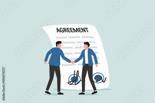 Business deal, agreement or collaboration document, contract or success negotiation, executive handshaking concept, businessman partner people shaking hand after signing business agreement document.