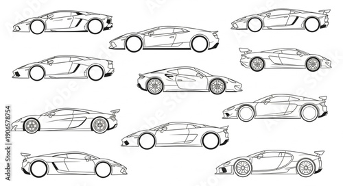 Collection of sports car sketches in various angles.