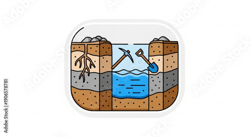 Groundwater aquifer diagram with pickaxe and shovel illustrating soil layers and water table