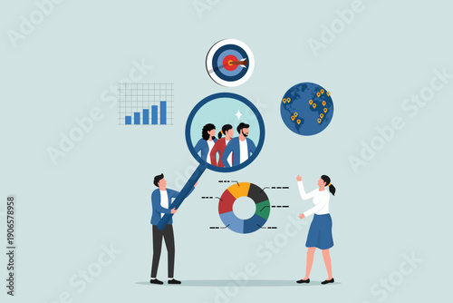 Customer research for marketing, study user behavior or analyze target group for advertising and marketing concept, businessman looking at big magnifier with customer group to see data analysis.
