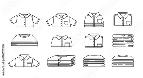 Folded clothes shirt stack minimalist black and white outline vector icon set