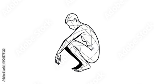 Artist's sketch of a person in a squatting pose with geometric lines