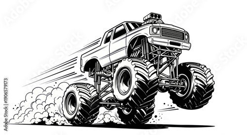 Monster Truck Jumping With Dust And Speed Lines - Black and White Illustration