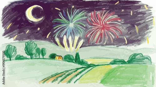 Vibrant child's crayon drawing captures a festive summer night sky illuminated by colorful fireworks exploding above a peaceful countryside landscape.