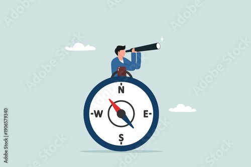 Business compass guidance direction or opportunity, make decision for business direction, finding investment opportunity, leadership or visionary concept, businessman with binocular and compass.