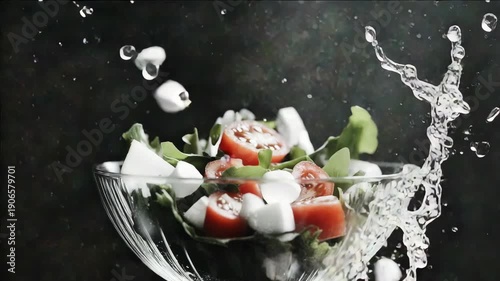 Vibrant salad ingredients being chopped and tossed together in a dynamic scene.