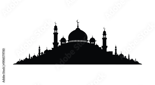Mosque Silhouette with Domes and Minarets on Hilltop Landscape