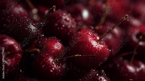 A vivid close-up shot of juicy red cherries covered in droplets, showcasing freshness and natural beauty in luscious detail.