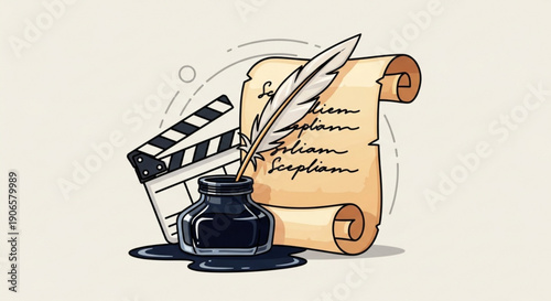 Film script concept with clapperboard inkwell and quill on parchment scroll background