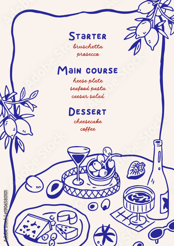 Menu card design for Italian restaurant. Retro doodle Dolce vita style layout...