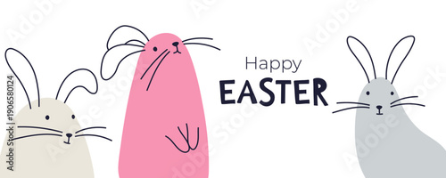 Happy Easter Minimalist Banner with cute doodle bunnies