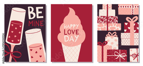 Set of 3 Valentine Greeting Cards with champagne, ice cream, and gift boxes