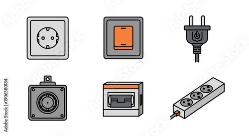 Collection of various electrical devices and components displayed on a white background from a straightforward viewpoint