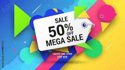 Mega Sale Offer Tag with 50 Percent Discount on Abstract Background.