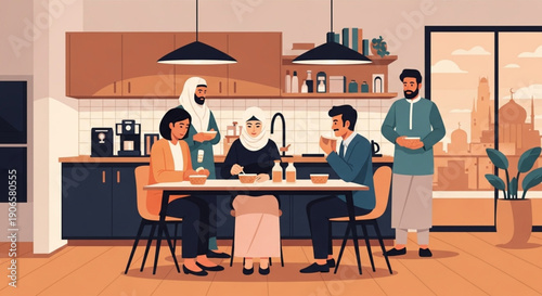 Ramadan team sharing food vector illustration representing Muslim professionals breaking fast in modern office environment