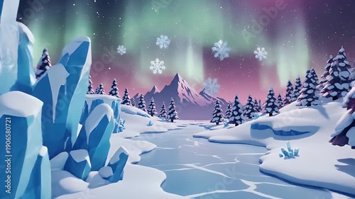 Stylized winter landscape with aurora borealis over frozen river