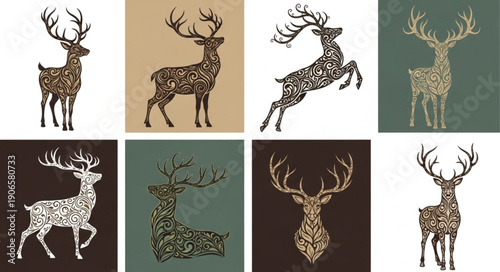 Collection of Stylized Deer Illustrations with Intricate Patterns.