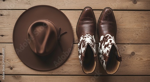 Brown cowboy hat and cowhide cowboy boots on a wooden surface leather