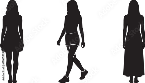 Female body silhouette set standing and walking poses minimal black white vector woman illustration design